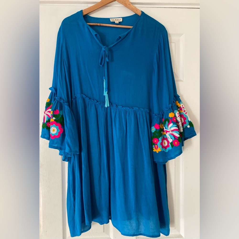 Blue Tunic Dress with Crochet Floral Details on Bell Sleeves